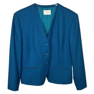 Vtg Pendleton Virgin Wool Blazer Womens Sz 16 Teal‎ Blue 3 Button Lined Classic